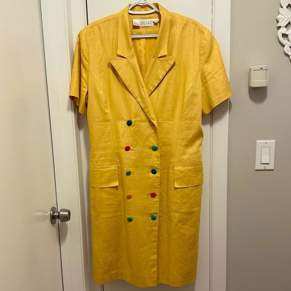 Vintage Pia Rucci Yellow Linen Double Breasted Blazer Dress Rainbow Buttons 14